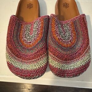 The Sak Multicolor Crochet Slip-On Mules in Pink, Orange & Green